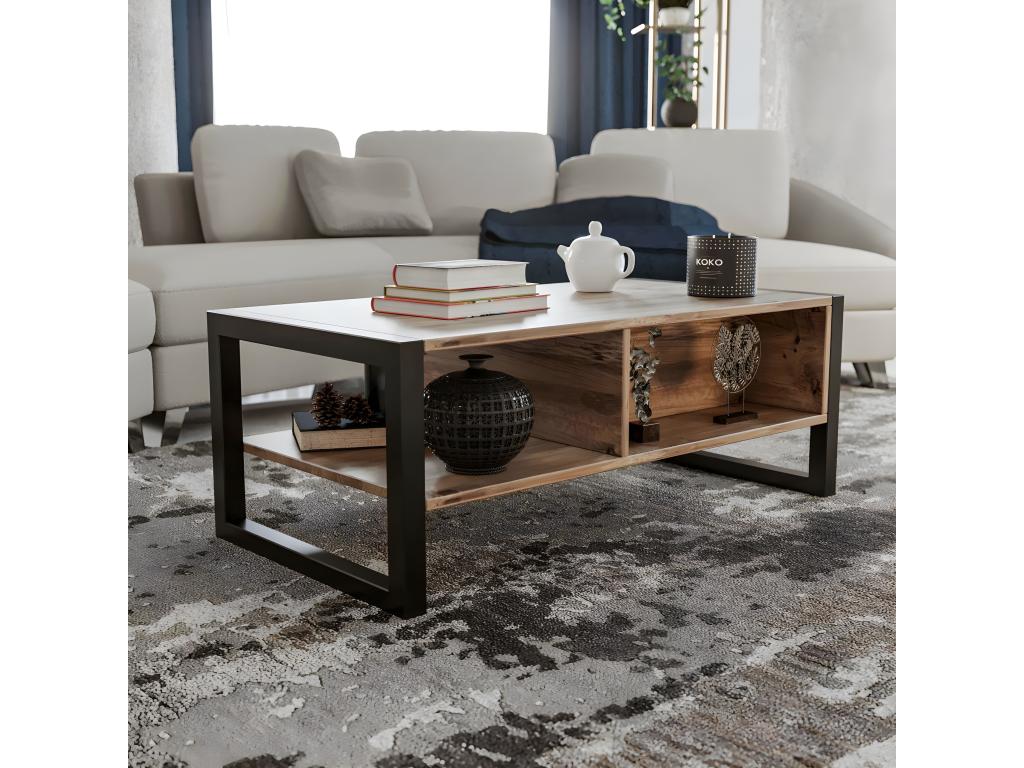 Table basse style industriel avec tiroir Vertchez L105cm Bois foncé et Métal Noir