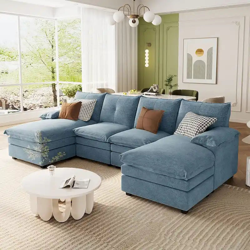 Canapé d'angle en chenille en forme de U Roomfitters avec coussins d'accoudoirs réglables, idéal pour les salons, les bureaux et les grands espaces.