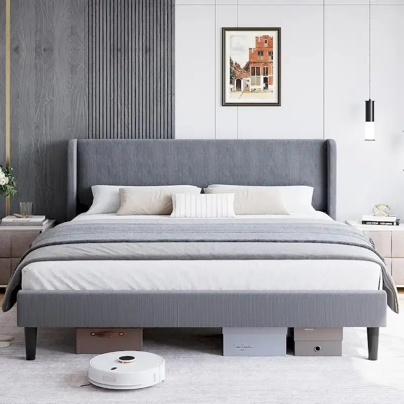 Cadre de lit plateforme avec tête de lit capitonnée à oreilles
