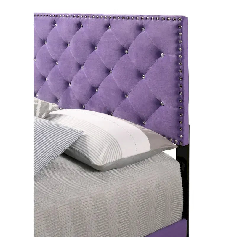 Lit Queen capitonné en velours imitation bijou - 83 - Violet