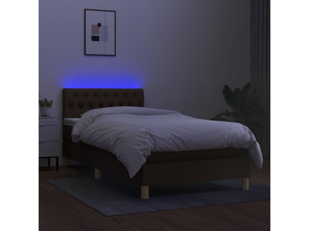 Sommier tapissier matelas et LED Marron foncé 100x200cm Tissu