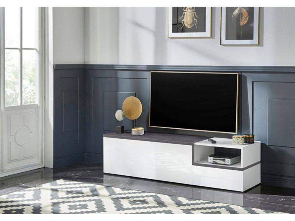 Meuble TV Meublita Buffet bas de salon avec 2 portes Base pour meuble TV Made in Italy 160x40h46 cm Blanc brillant et ardoise