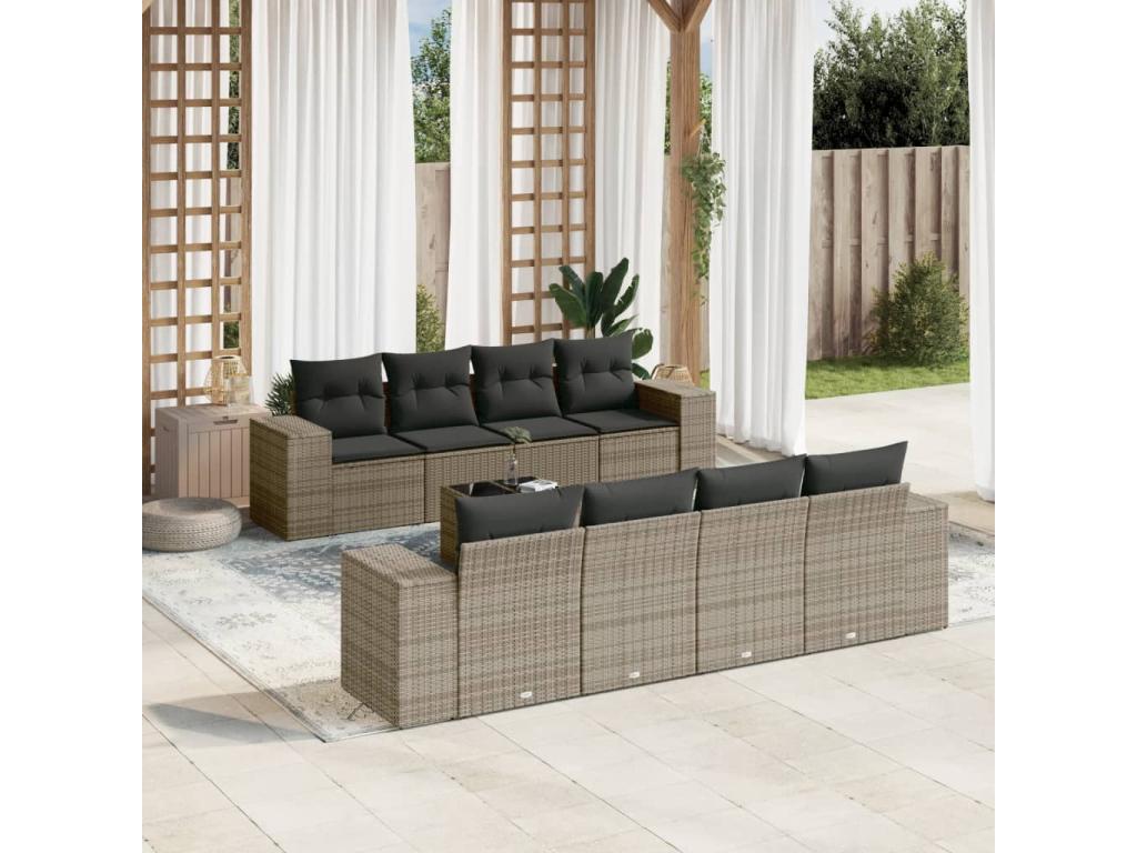 Salon de jardin 9 pcs avec coussins gris résine tressée
