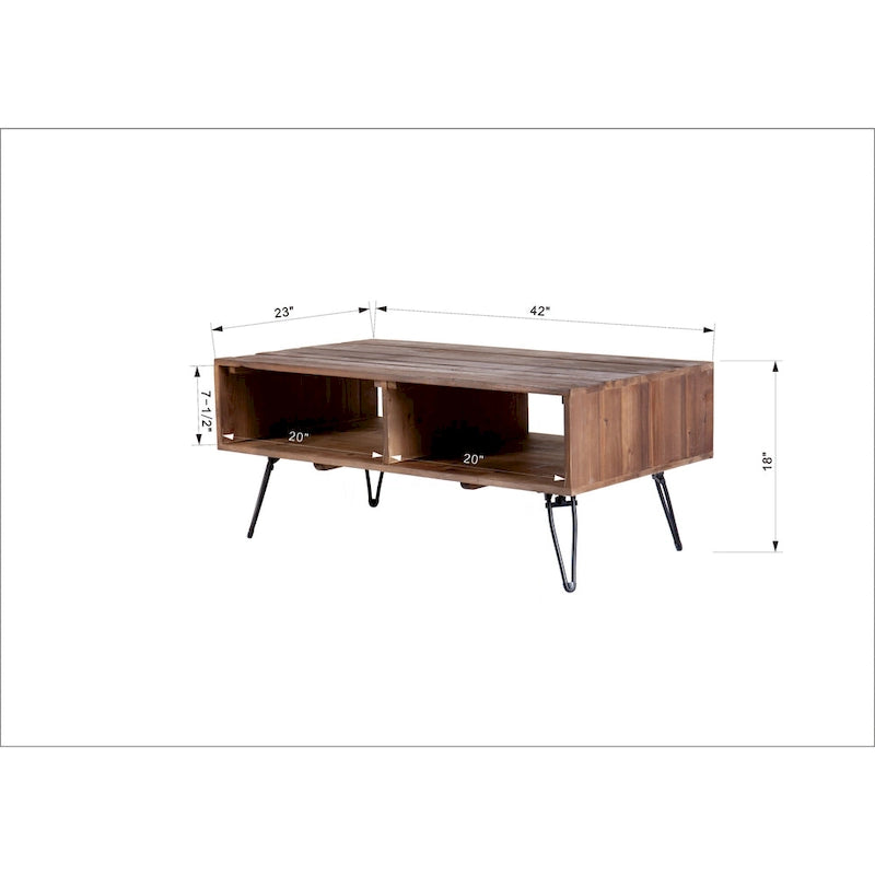 Table basse en bois recyclé avec rangement ouvert et pieds en métal - 23,00 x 42,00 x 18,00