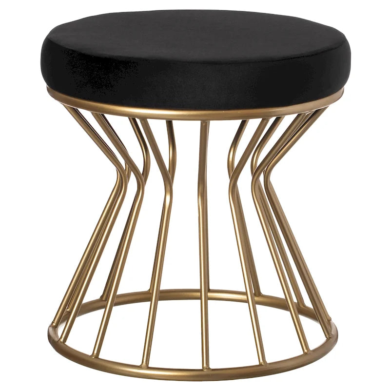 Tabouret rond moderne en velours avec piètement en métal doré courbé, pouf standard