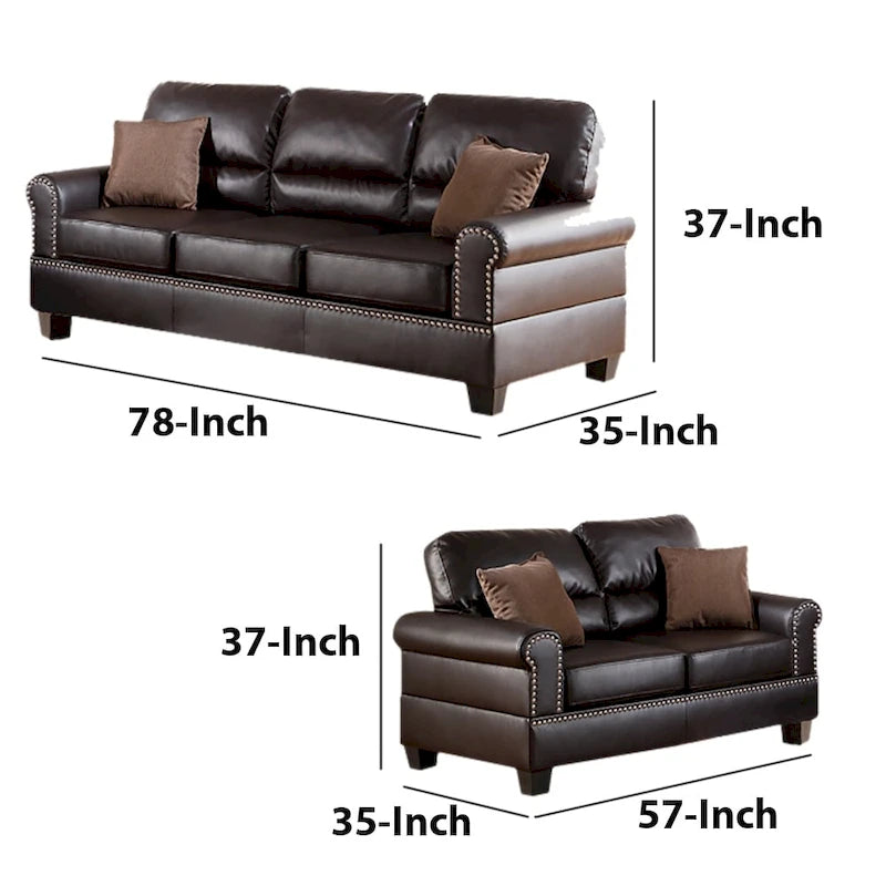 Ensemble canapé 2 pièces en cuir reconstitué marron avec coussins