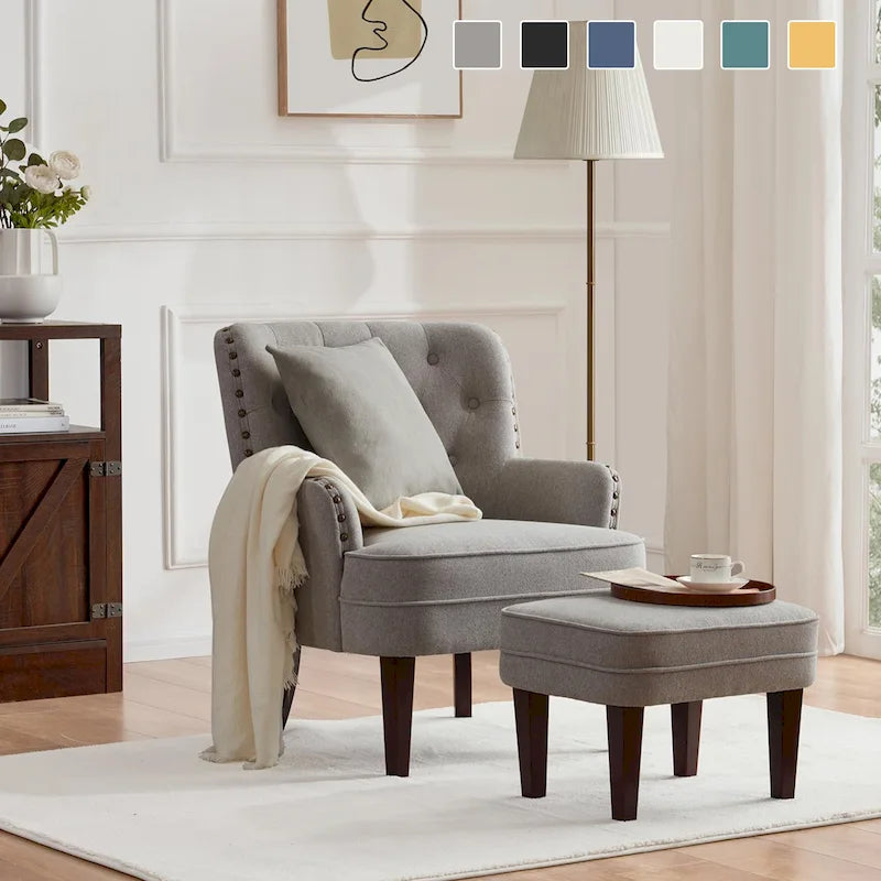 Fauteuil club capitonné avec repose-pieds et coussin