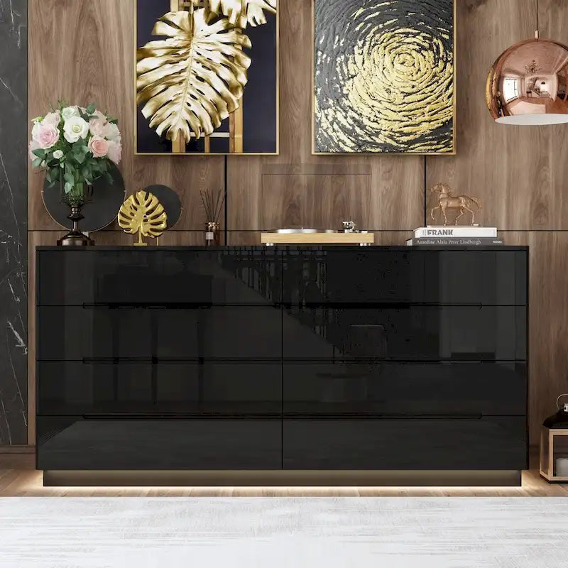 Commode brillante de 63 pouces avec commode claire, 8 tiroirs et grand plateau