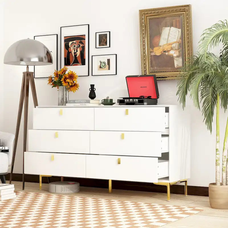 Commode double à 6 tiroirs 55,1 po L, noir et or