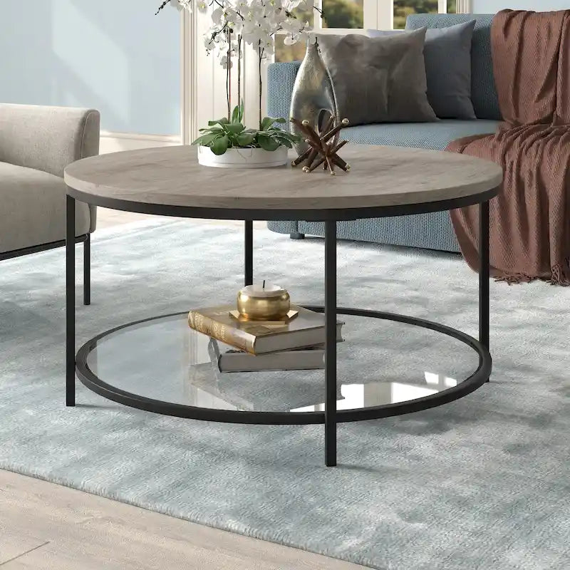 Table basse ronde Sevilla de 81 cm de large avec plateau en MDF et étagère en verre - 81 cm de large