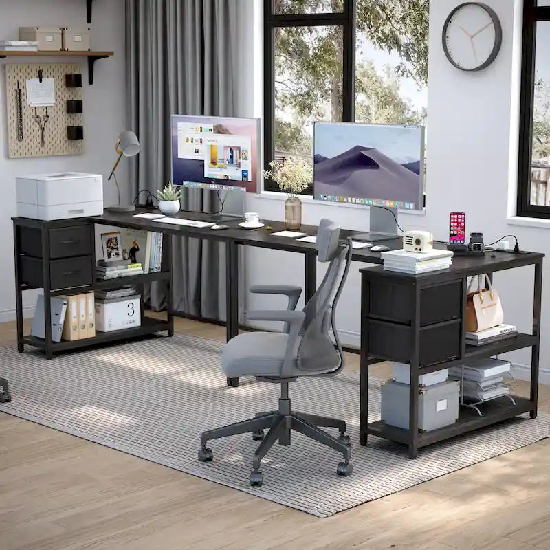 Bureau d'ordinateur en forme de L avec station de charge, bureau d'angle réversible avec tiroir