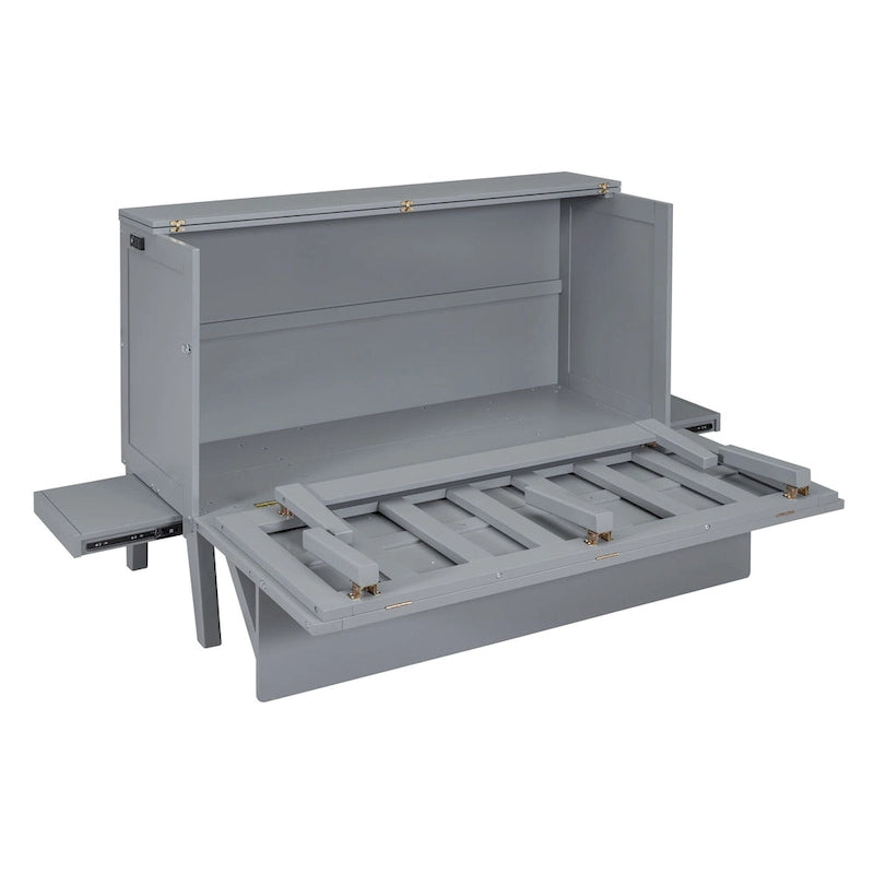 Lit escamotable Queen Size avec port USB et étagères amovibles de chaque côté, gris