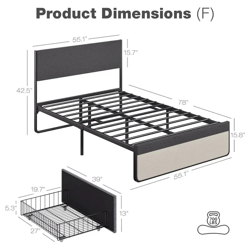 Cadre de lit plateforme rembourré avec 2 tiroirs de rangement