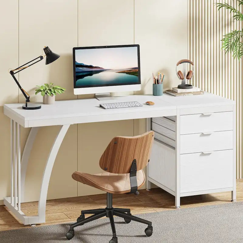 Bureau d'ordinateur réversible de 150 cm avec caisson à 3 tiroirs, style industriel, idéal pour le bureau à domicile ou la chambre.