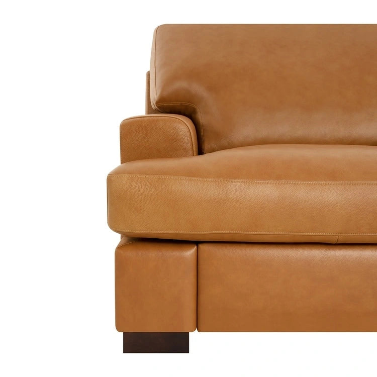 Canapé deux places en cuir véritable, accoudoirs carrés, pieds massifs robustes - Coussin luxueux en plumes d'oie pour un confort optimal