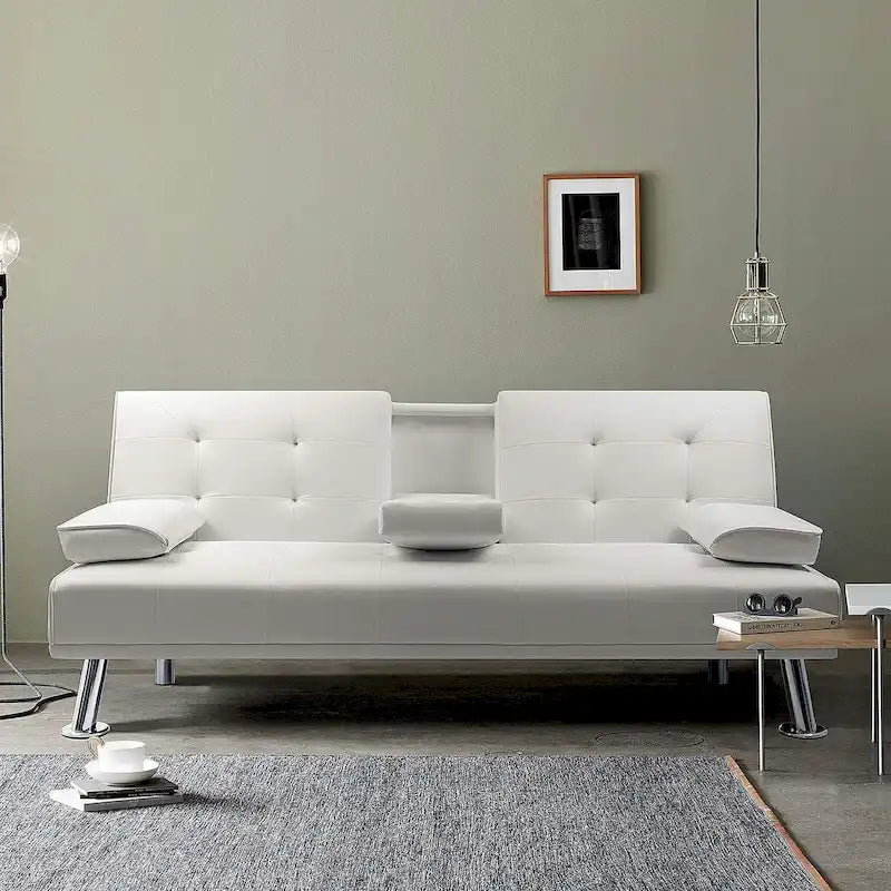Futon moderne Furniwell en similicuir avec porte-gobelets et oreillers, 65