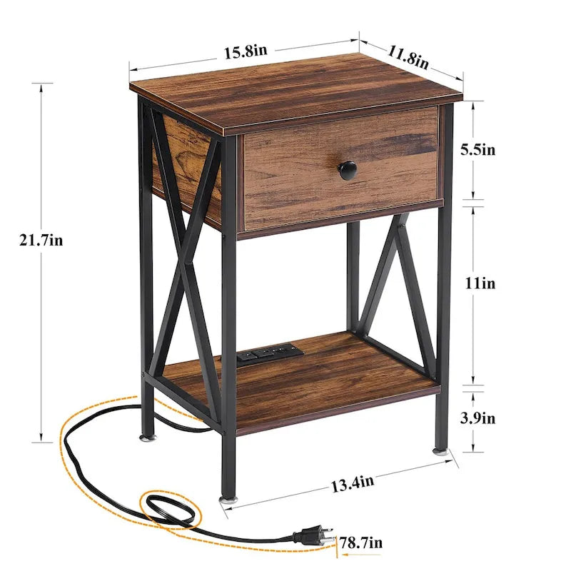 Table de chevet Javlergo à 1 tiroir avec station de recharge et étagère de rangement