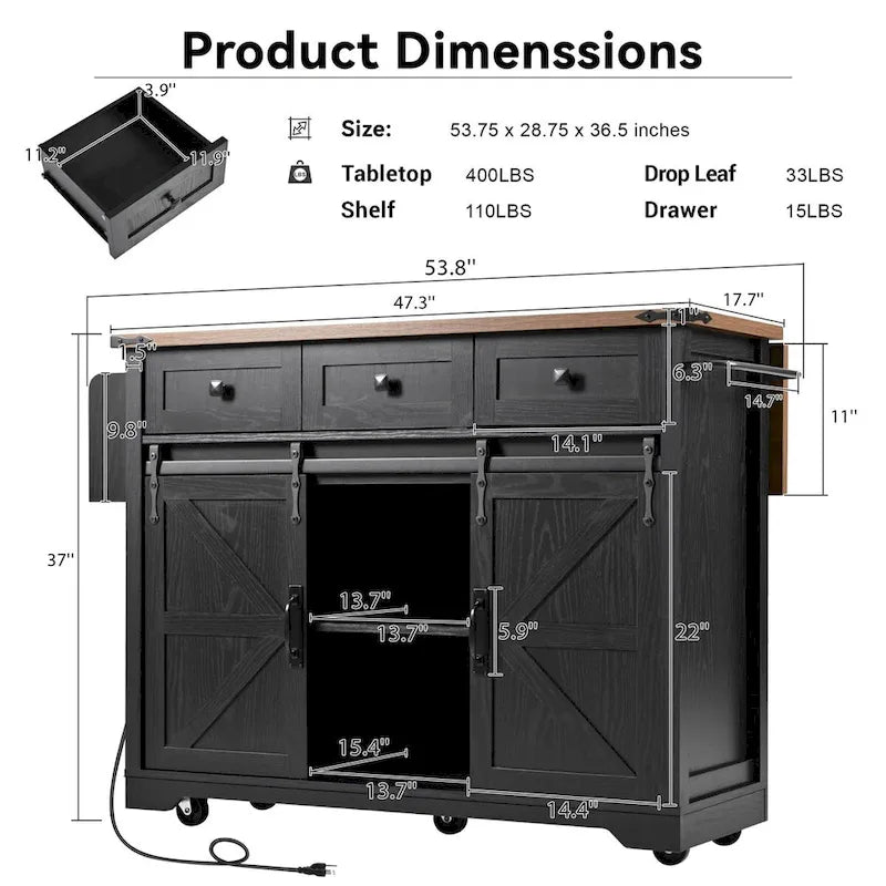 Îlot de cuisine avec prise électrique et plateau rabattable par Harper&Bright Designs