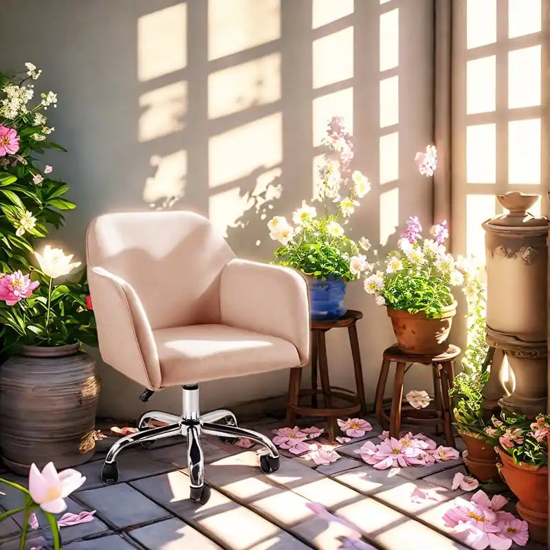 Fauteuil pivotant VANITII, chaise de coiffeuse avec roulettes, style moderne, hauteur réglable, rose/gris/blanc