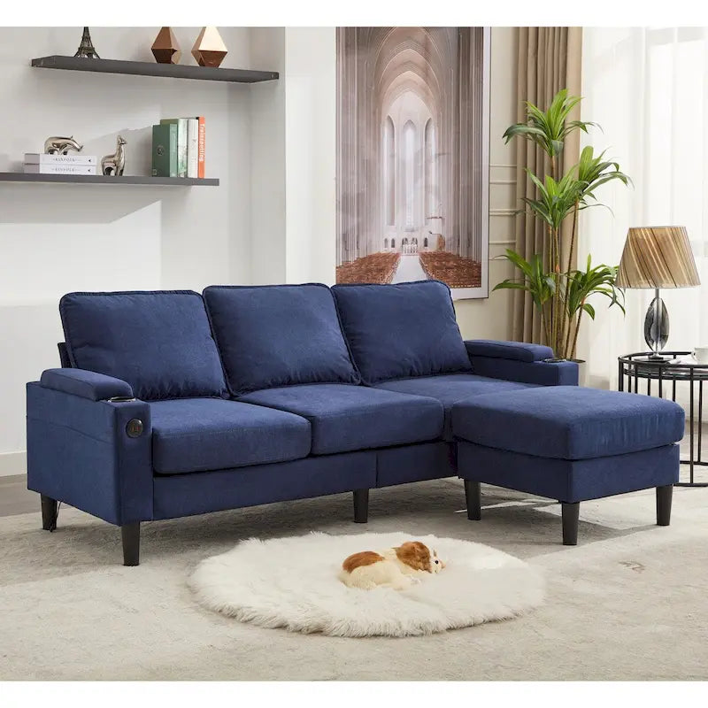 Canapé d'angle en tissu en forme de L avec pouf de rangement et port USB