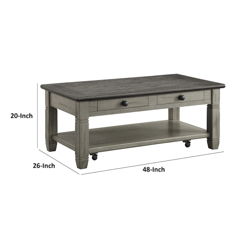 Table basse Rome 122 cm, 2 tiroirs, roulettes, bois massif brun et gris