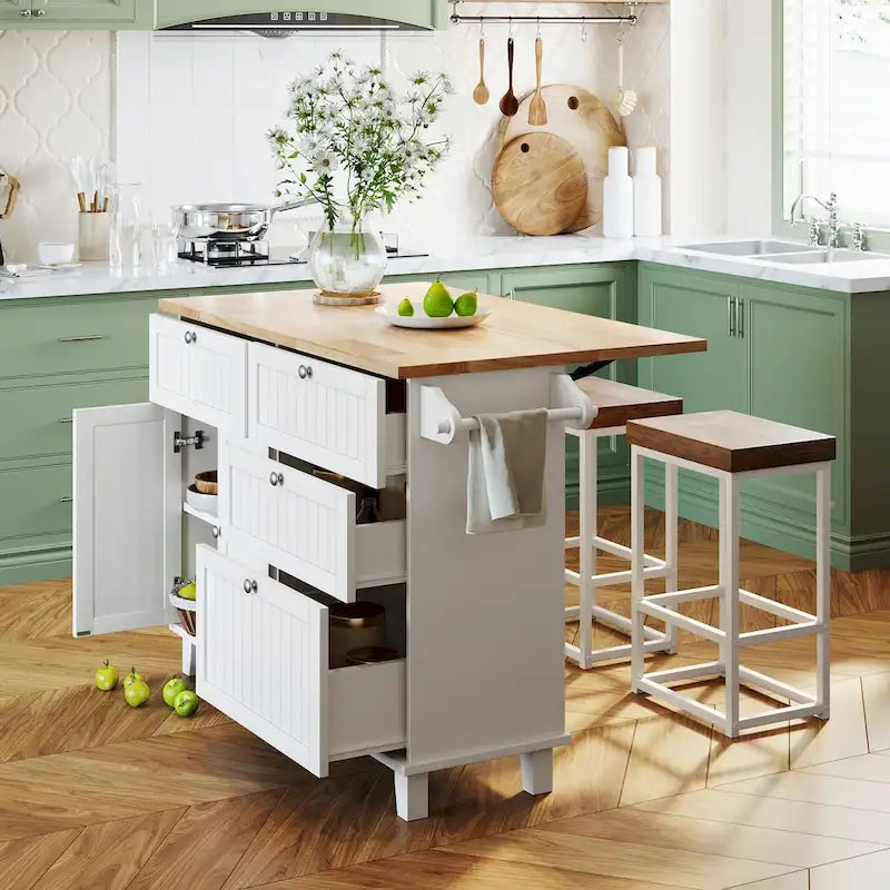 Ensemble îlot de cuisine de style campagnard avec abattant - Ensemble table et chaises avec meuble de rangement, tiroirs et tabourets, étagère réglable