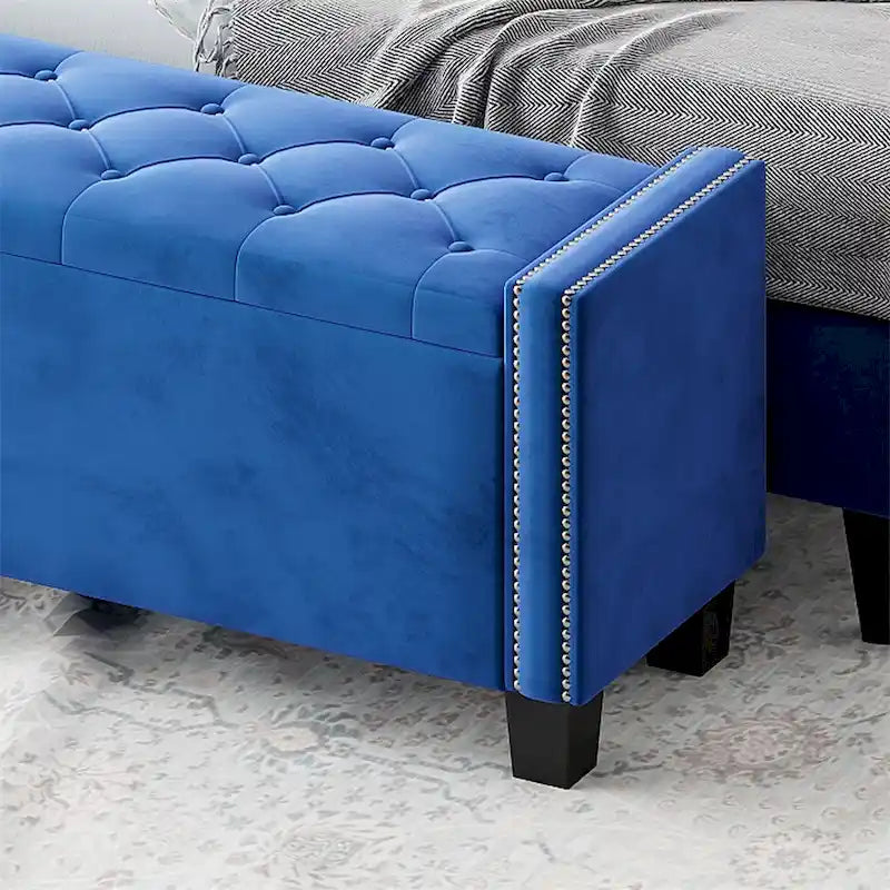 Banc ottoman de rangement en velours capitonné avec motif à rivets
