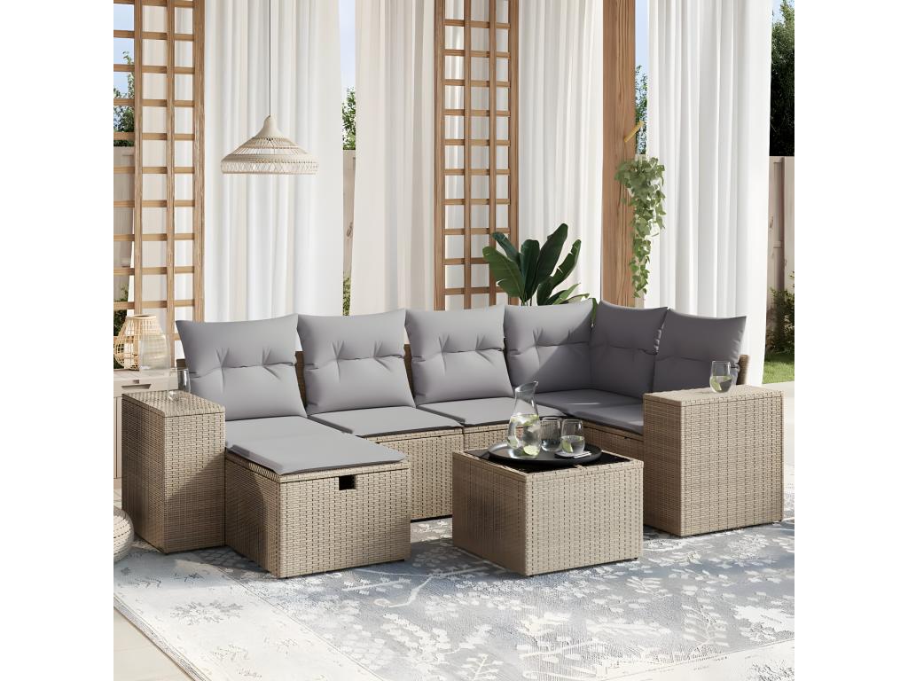 Salon de jardin avec coussins 7pcs méMeublita beige résine tressée