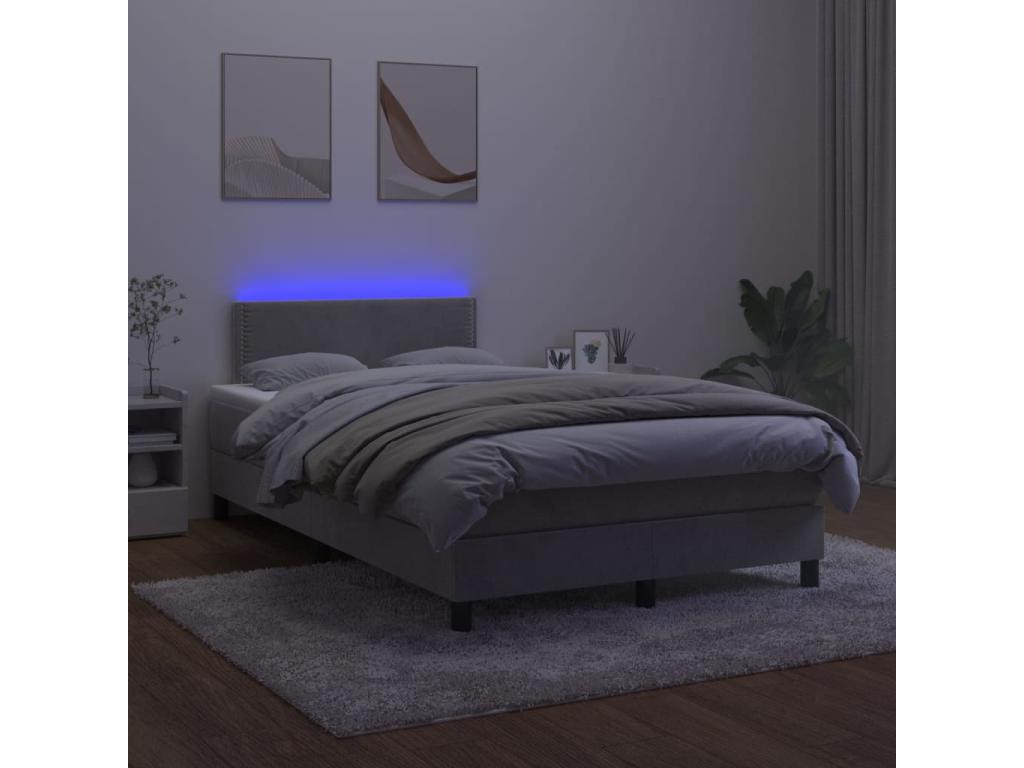 Sommier tapissier matelas et LED Gris clair 120x200 cm Velours