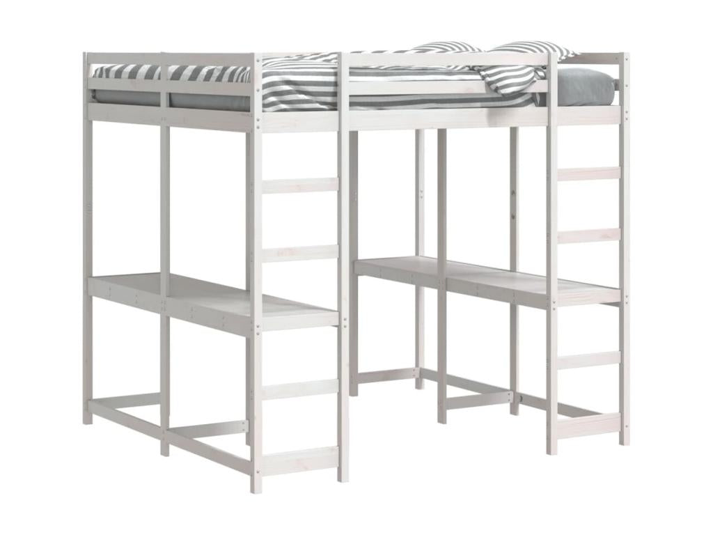 Lit superposé et bureau et échelle 200x200cm bois de pin massif