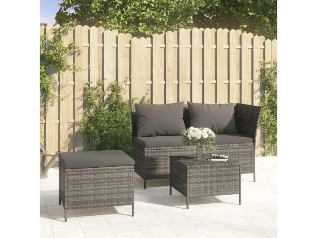 Salon de jardin 3 pcs avec coussins Gris Résine tressée
