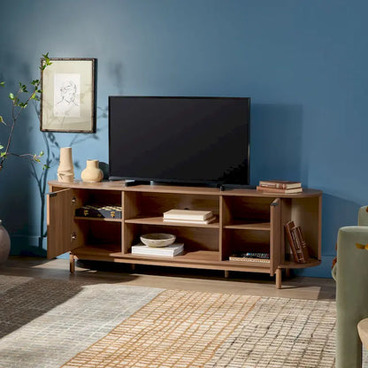 Meuble TV moderne à cannelures de 70 pouces avec rangement ouvert, signé Middlebrook Designs