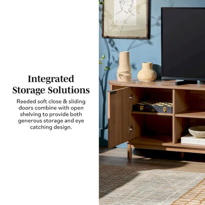 Meuble TV moderne à cannelures de 70 pouces avec rangement ouvert, signé Middlebrook Designs