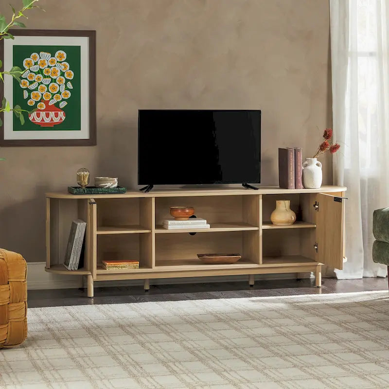 Meuble TV moderne à cannelures de 70 pouces avec rangement ouvert, signé Middlebrook Designs