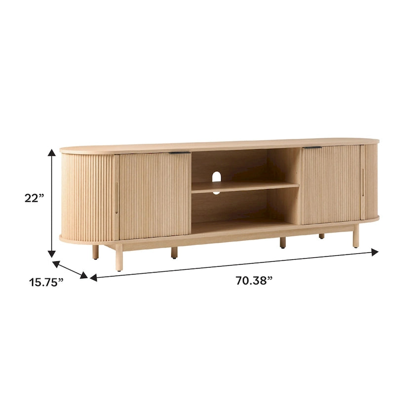 Meuble TV moderne à cannelures de 70 pouces avec rangement ouvert, signé Middlebrook Designs