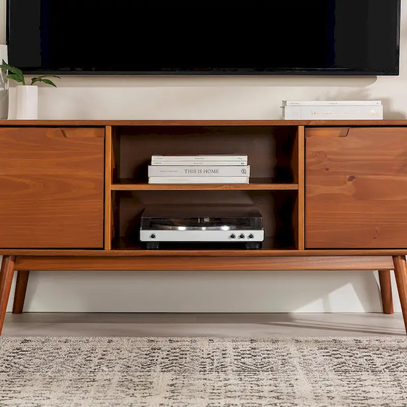 Meuble TV Middlebrook de 58 pouces en bois massif, style milieu du siècle