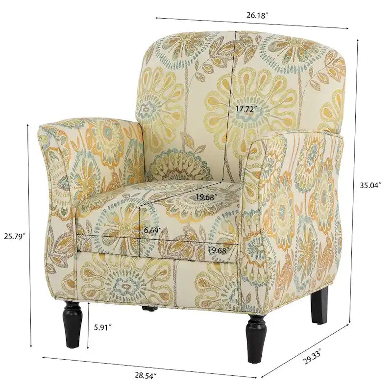 Fauteuil d'appoint rembourré à motif floral avec pieds en bois massif