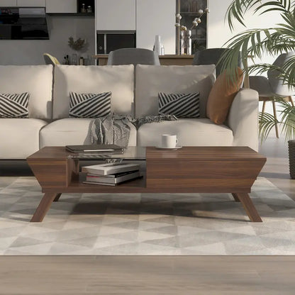 Table basse Kress Mid-Century Modern en noyer avec insert en verre de 119 cm (47 pouces) et une étagère, par Furniture of America