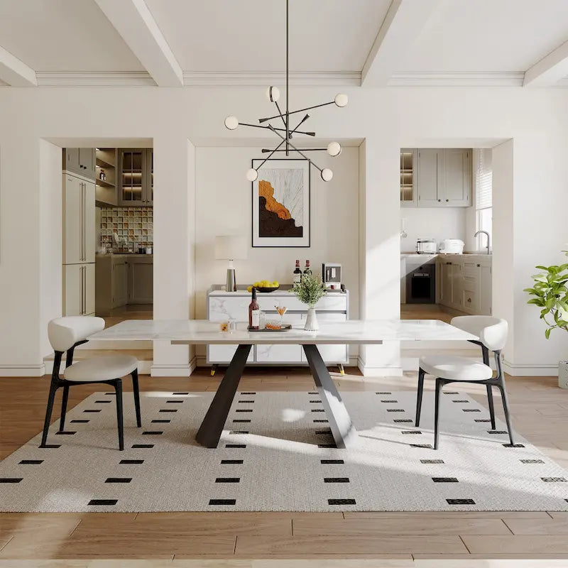 Table de salle à manger extensible moderne 63-95 cm pour 6 à 10 personnes, plateau en pierre frittée blanche brillante