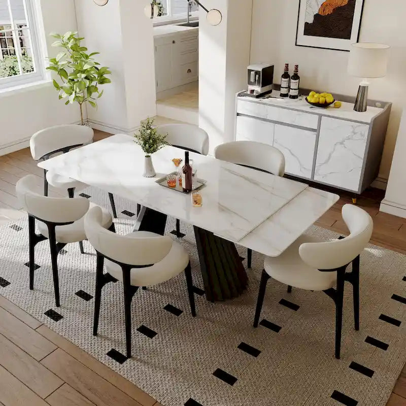 Table de salle à manger extensible moderne 63-95 cm pour 6 à 10 personnes, plateau en pierre frittée blanche brillante