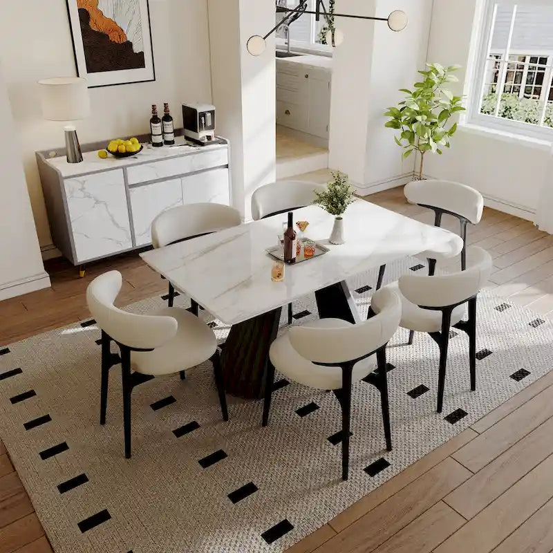 Table de salle à manger extensible moderne 63-95 cm pour 6 à 10 personnes, plateau en pierre frittée blanche brillante