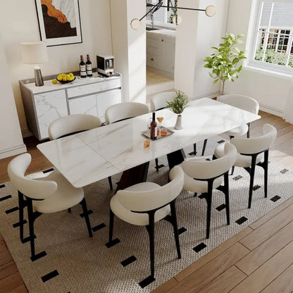 Table de salle à manger extensible moderne 63-95 cm pour 6 à 10 personnes, plateau en pierre frittée blanche brillante