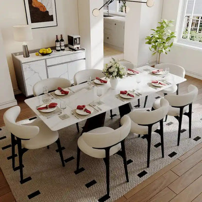 Table de salle à manger extensible moderne 63-95 cm pour 6 à 10 personnes, plateau en pierre frittée blanche brillante