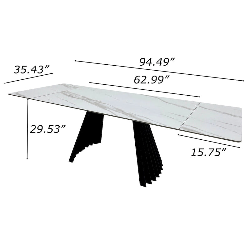 Table de salle à manger extensible moderne 63-95 cm pour 6 à 10 personnes, plateau en pierre frittée blanche brillante