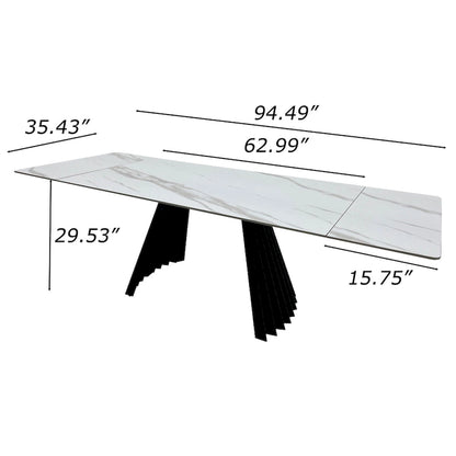 Table de salle à manger extensible moderne 63-95 cm pour 6 à 10 personnes, plateau en pierre frittée blanche brillante