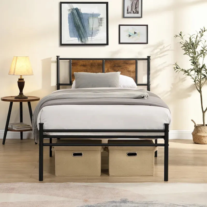 Metal Platform Bed with Wood Panel Decoration Headboard