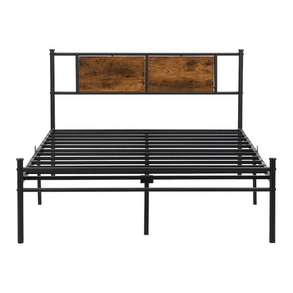 Lit plateforme en métal avec tête de lit décorative en panneaux de bois