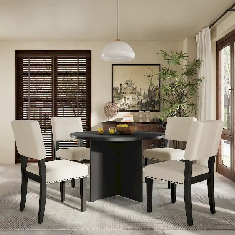Sakin Modern 5-Piece Round Dining Table Set with Pedestal Base and Upholstered Chairs by GDFStudio