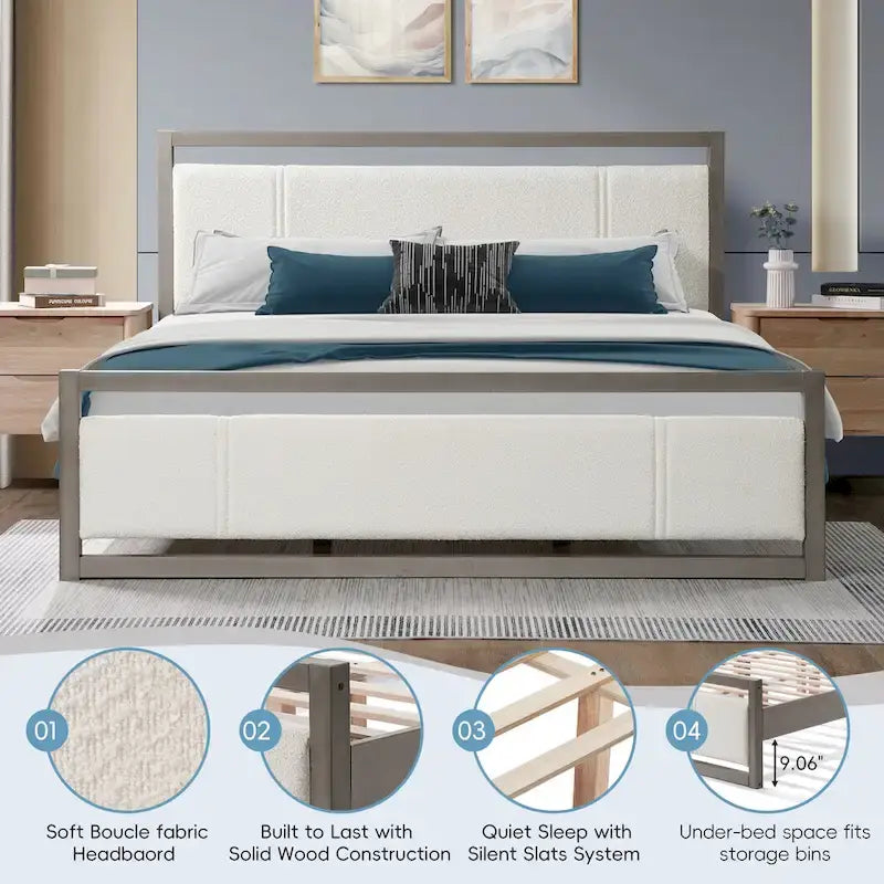 Lit plateforme King Christopher Knight Home avec tête de lit en tissu bouclé ivoire