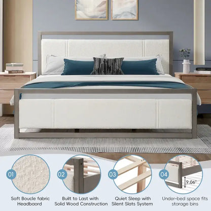 Lit plateforme King Christopher Knight Home avec tête de lit en tissu bouclé ivoire